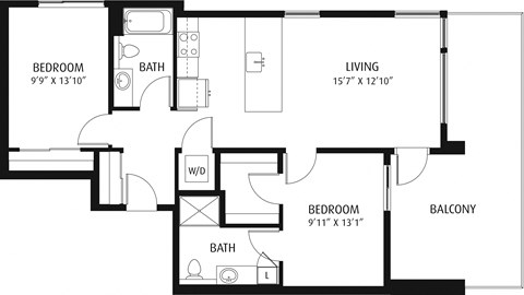 Floor plan for 2 beds, 2 baths, 1017 sqft